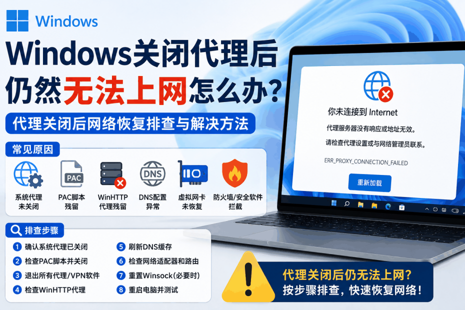 Windows关闭代理后仍然无法上网，代理关闭后网络没有恢复的故障排查教程
