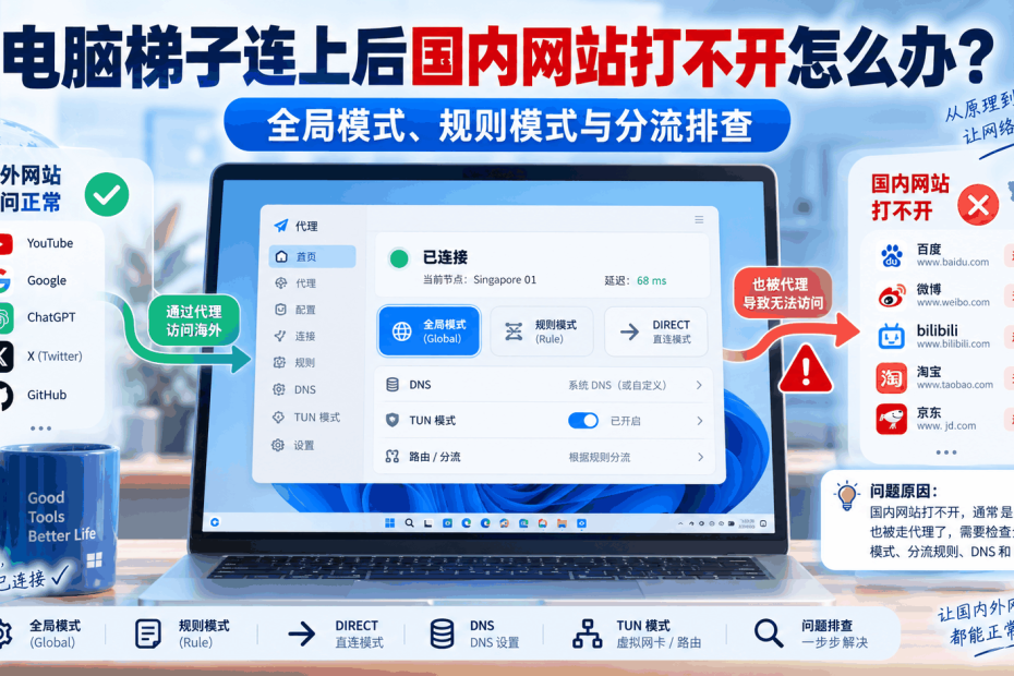 电脑梯子连上后国内网站打不开，Windows全局模式、规则模式和分流问题排查教程