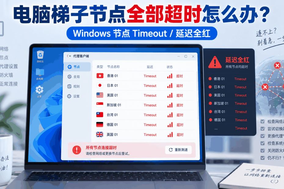 电脑梯子节点全部超时，Windows节点Timeout、延迟全红和测速失败问题排查教程