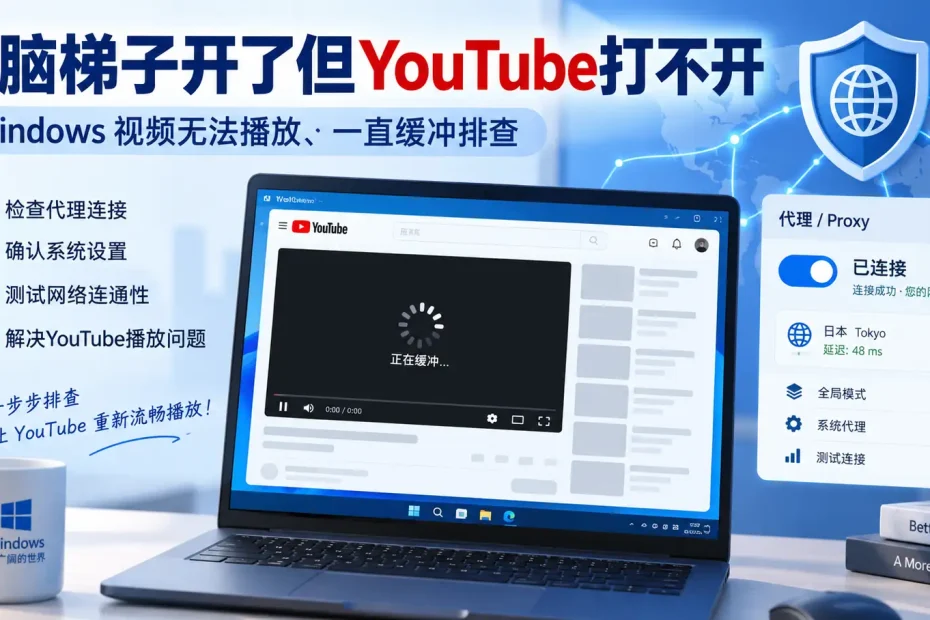 电脑梯子开了但YouTube打不开，Windows视频无法播放、一直缓冲和节点线路问题排查教程