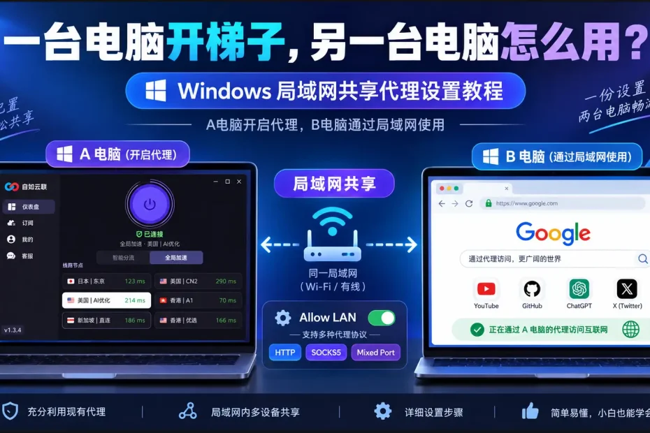 电脑梯子共享给另一台电脑，Windows局域网代理共享、Allow LAN、HTTP、SOCKS5和Mixed Port设置教程