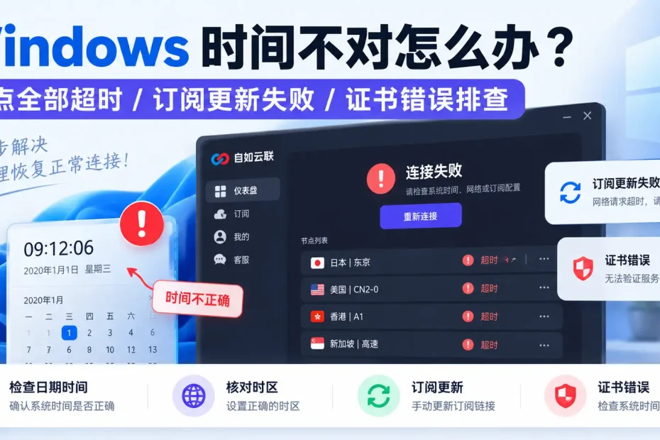 电脑时间不对会导致梯子超时，Windows系统时间错误引发节点Timeout、订阅更新失败和证书错误的排查教程