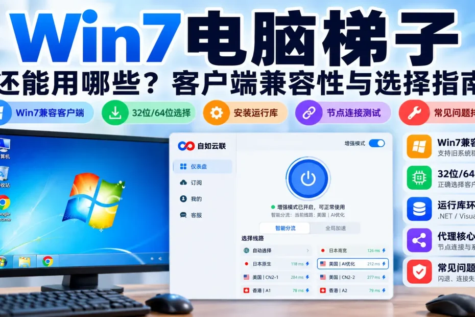 Win7电脑梯子客户端兼容性与选择指南，包含Windows 7兼容版本、32位64位、运行库、代理核心和常见问题排查