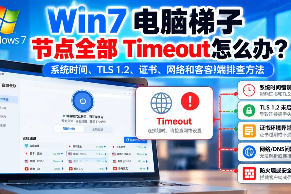 Win7电脑梯子节点全部Timeout，Windows 7系统时间、TLS 1.2、证书、DNS、防火墙和代理核心排查教程