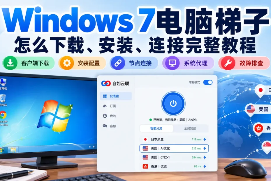 Windows 7电脑梯子使用教程，包含Win7客户端下载、安装配置、节点连接、系统代理和常见故障排查
