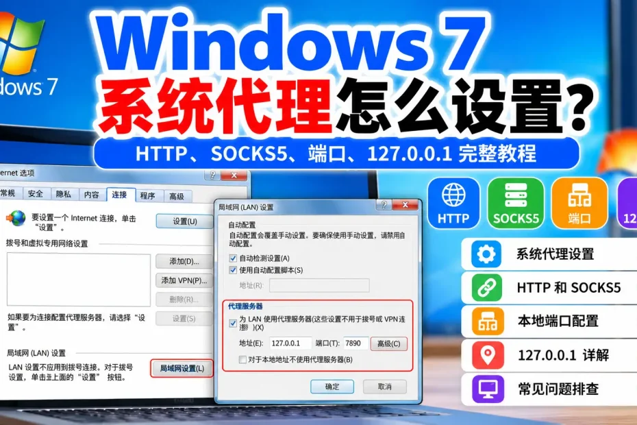 Windows 7系统代理设置教程，包含Win7 HTTP、SOCKS5、本地端口、127.0.0.1和常见代理问题排查