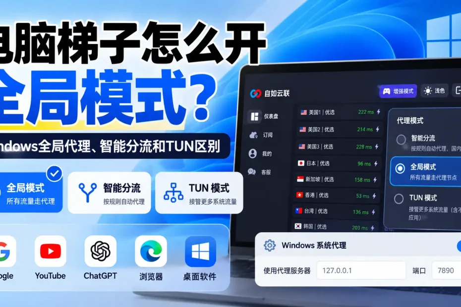 电脑梯子怎么开全局模式，Windows全局代理、智能分流、Rule Global、系统代理和TUN模式区别教程