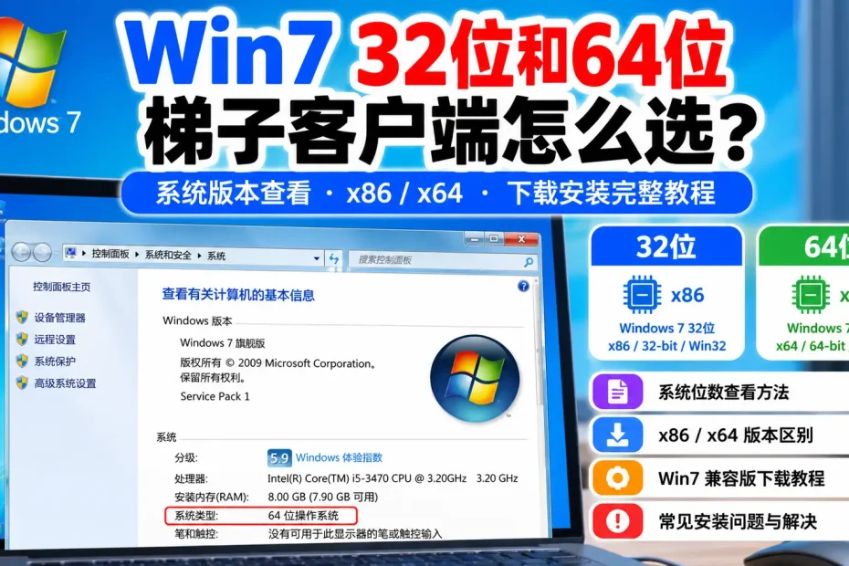 Win7 32位和64位梯子客户端选择教程，包含Windows 7系统位数查看、x86 x64版本区别和客户端下载安装说明