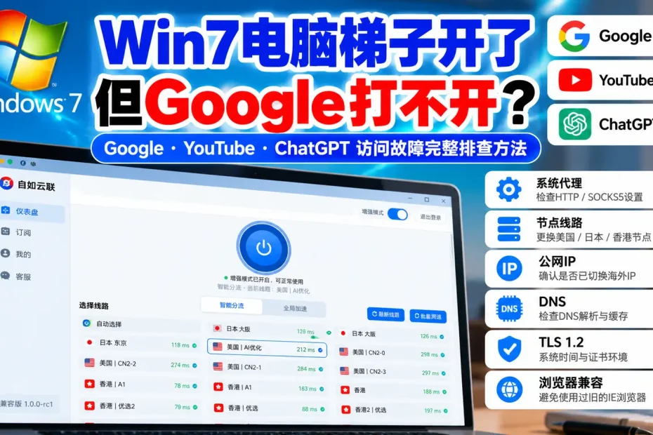 Win7电脑梯子Google打不开，Windows 7系统代理、节点线路、公网IP、DNS、TLS 1.2及YouTube和ChatGPT访问故障排查教程