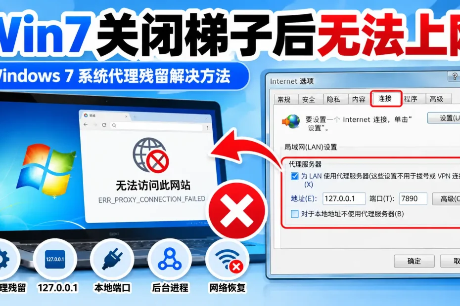 Win7关闭梯子后无法上网，Windows 7系统代理残留、127.0.0.1本地端口、后台进程和网络恢复问题排查教程