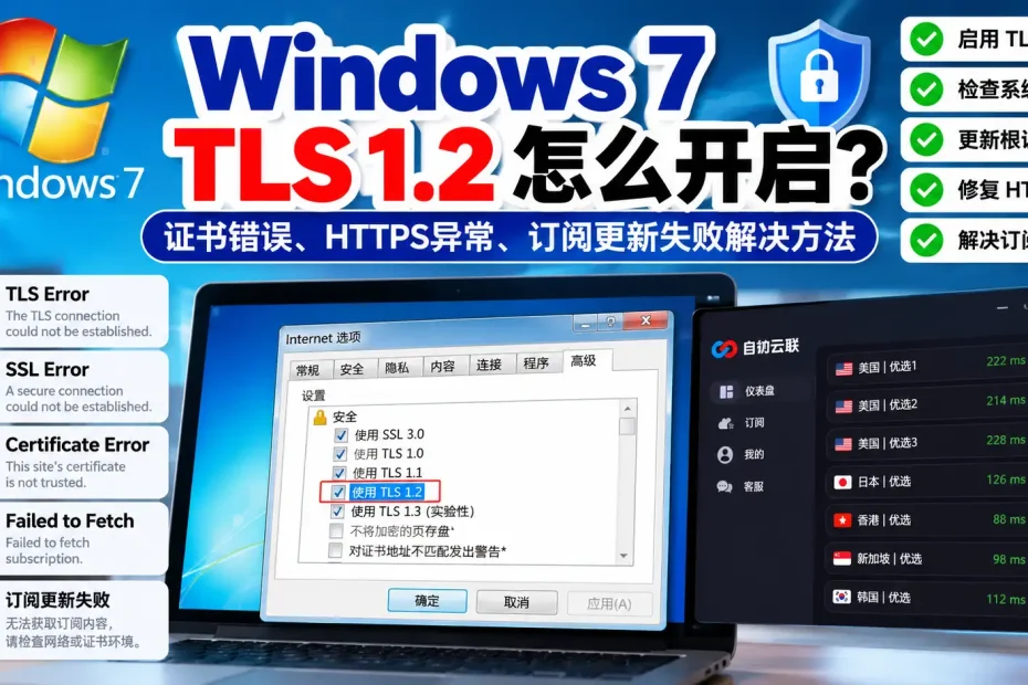 Windows 7 TLS 1.2开启教程，排查Win7证书错误、HTTPS异常、Failed to Fetch、订阅更新失败和TLS连接问题